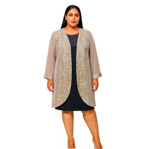 LE BOS Taupe Embellished Long Jacket Blazer 22W Plus Size.